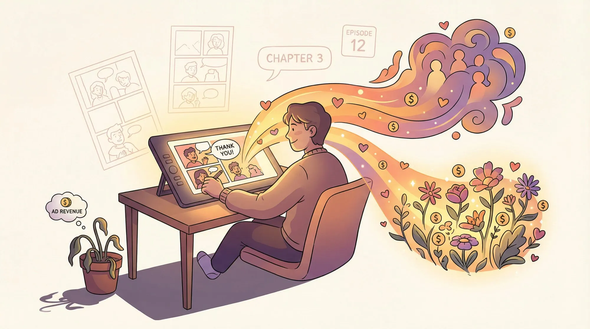 Webcomic creator at drawing tablet surrounded by supportive reader community, showing the path from Tapas to sustainable direct income