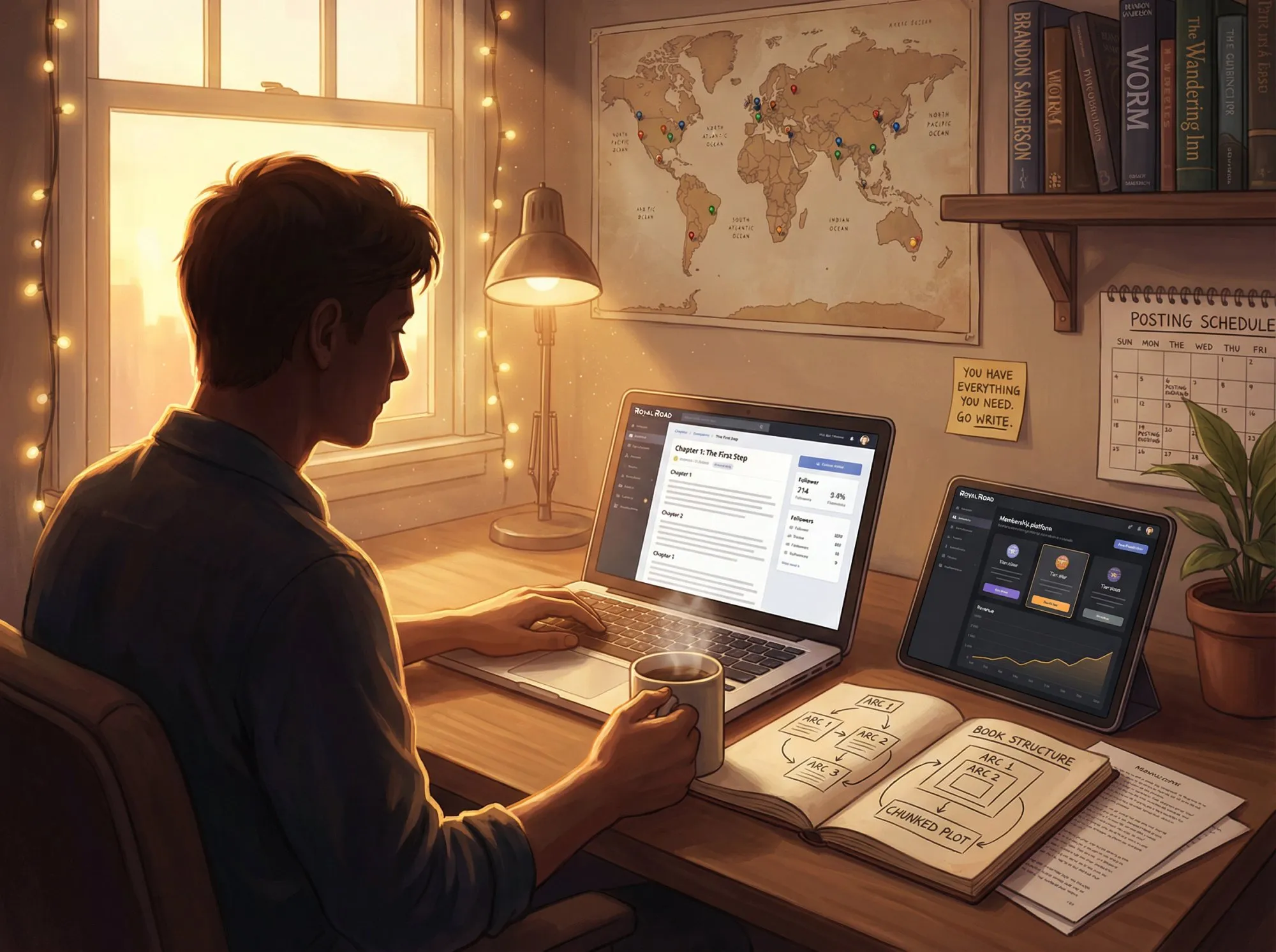 Inspirational scene of writer beginning their web serial journey with creative workspace illuminated