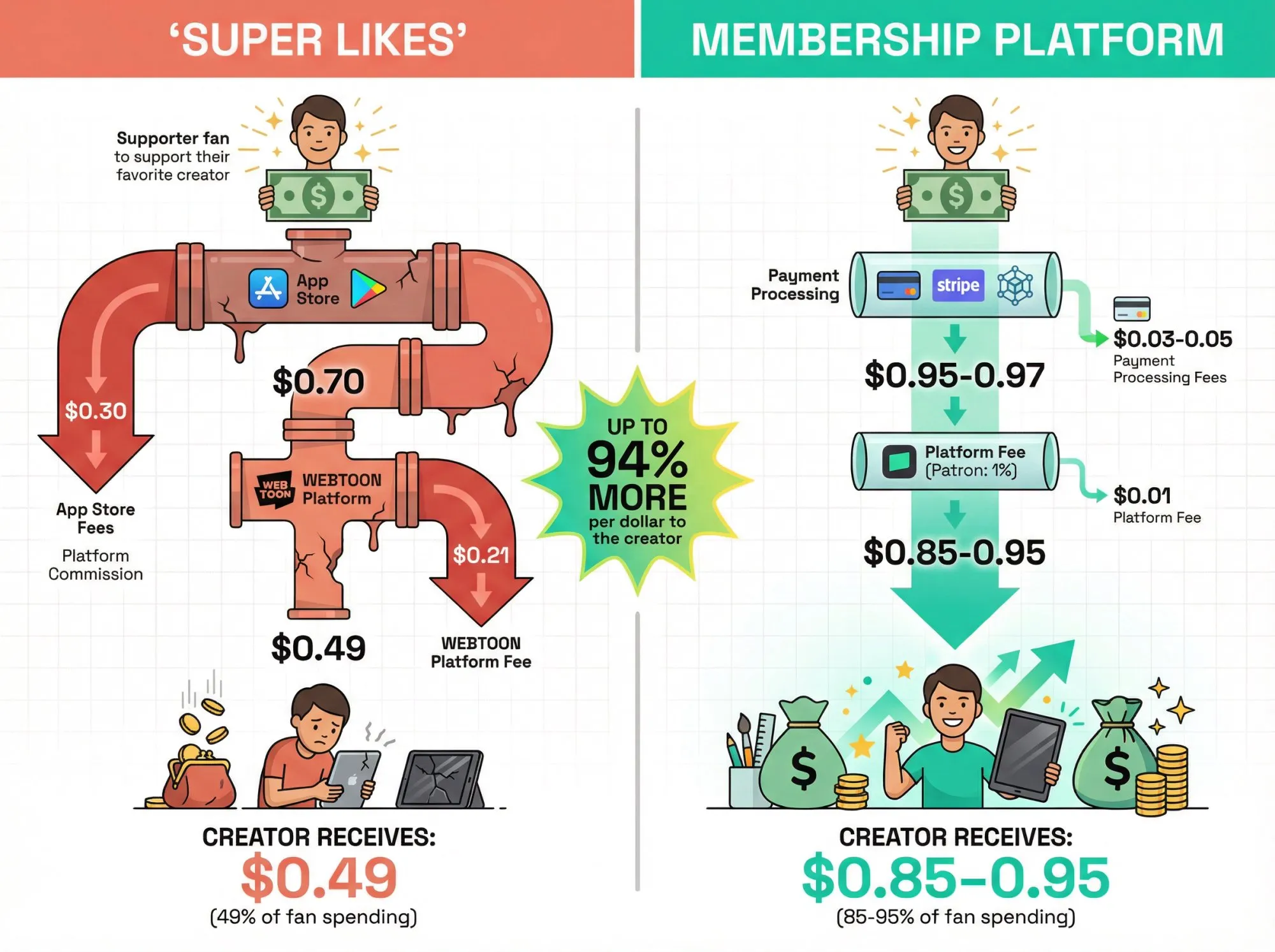 Side-by-side comparison showing $1 fan support through Super Likes leaves creator $0.49 vs membership platforms leaving $0.85-0.95