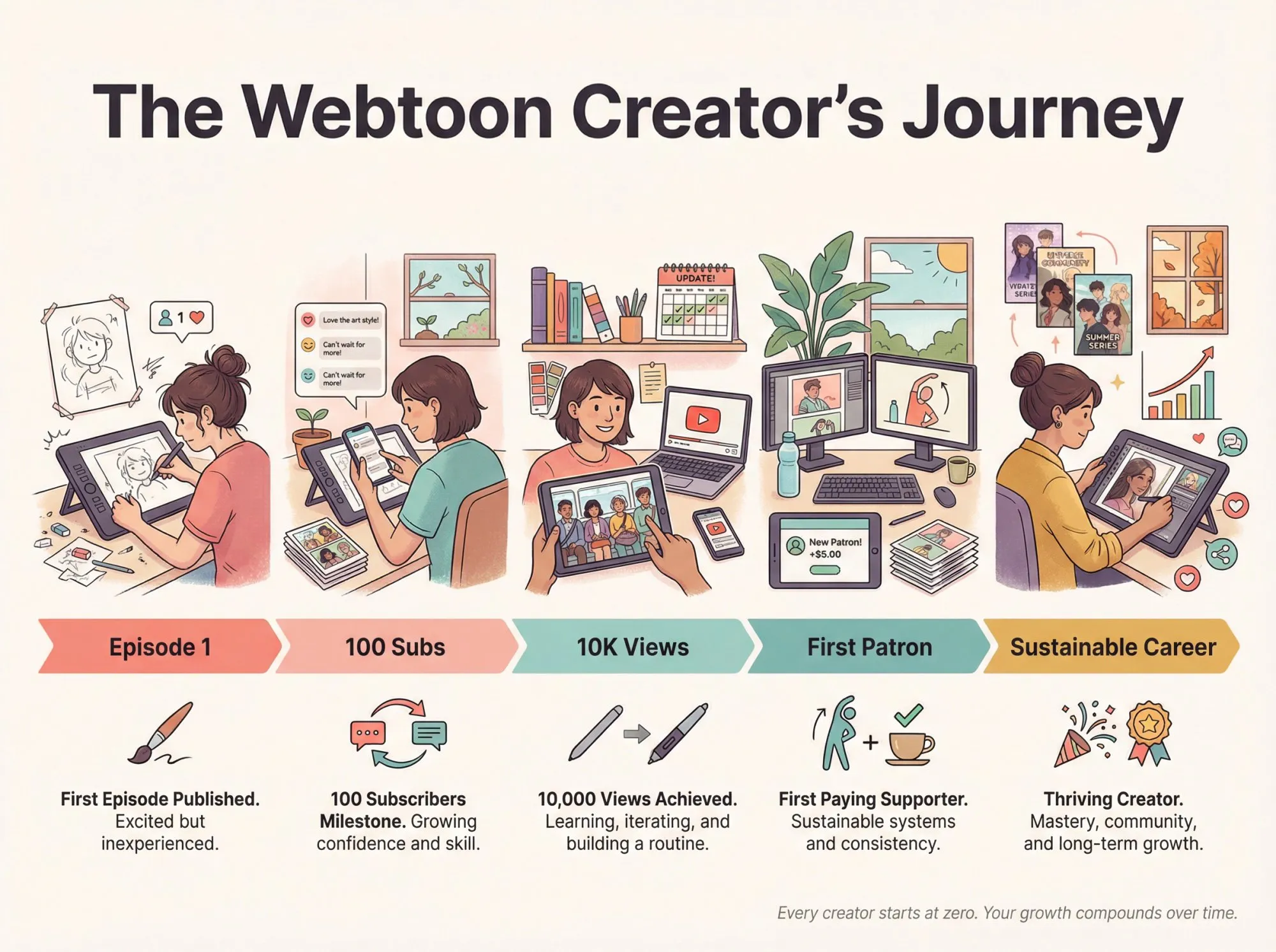 Visual timeline showing a webtoon creator's evolution from first episode to thousands of subscribers, with milestone markers for growth and persistence