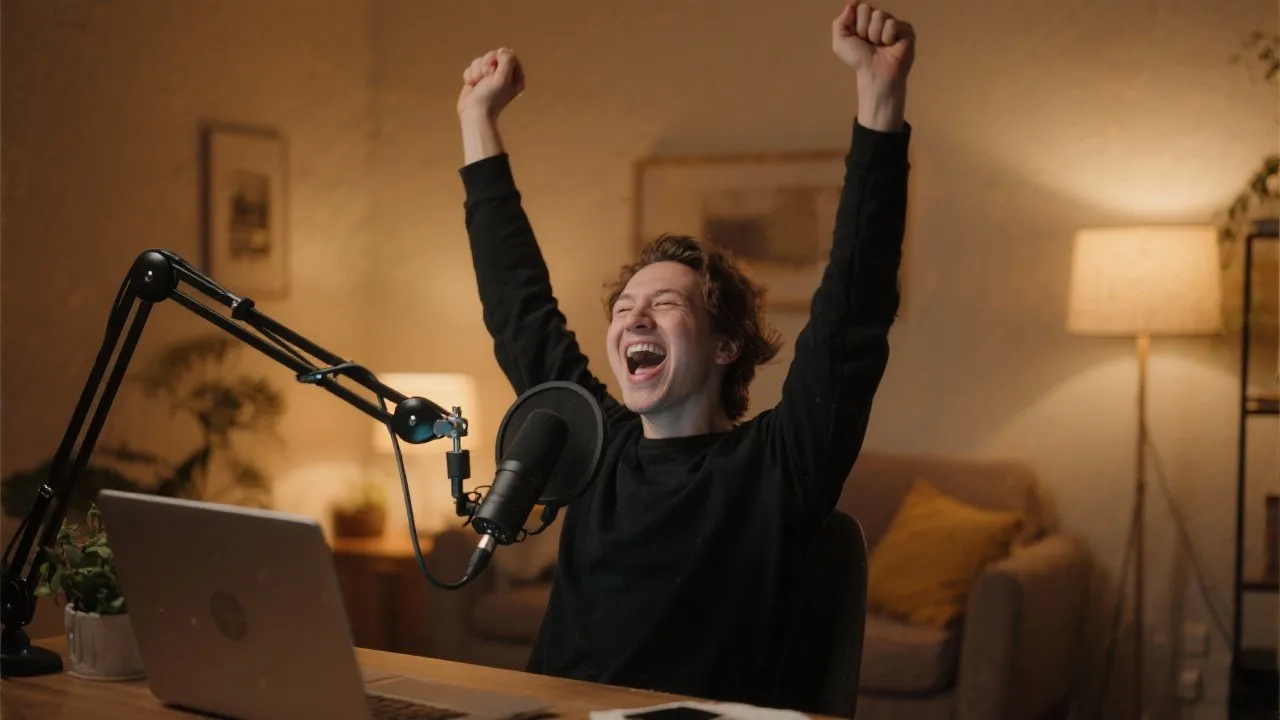 Successful podcaster celebrating achievement in professional studio with arms raised in triumph