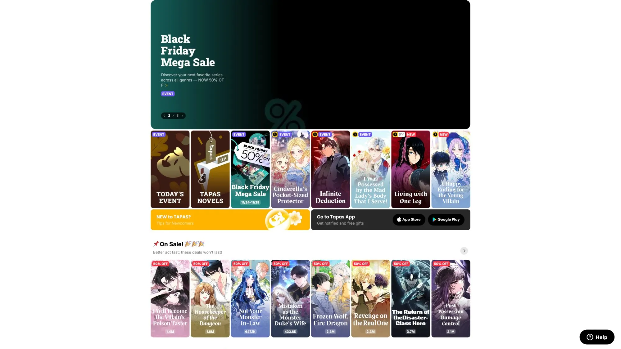 Tapas.io homepage showing webcomics and novel discovery platform interface