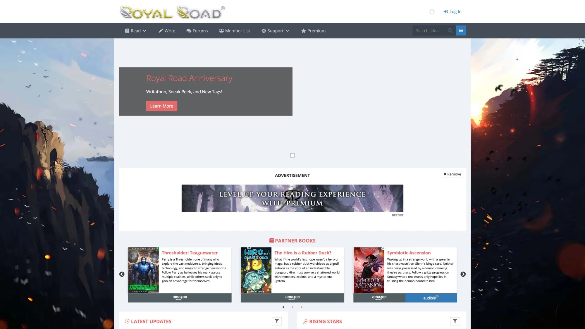 Royal Road homepage featuring trending web serials and genre categories for fiction writers
