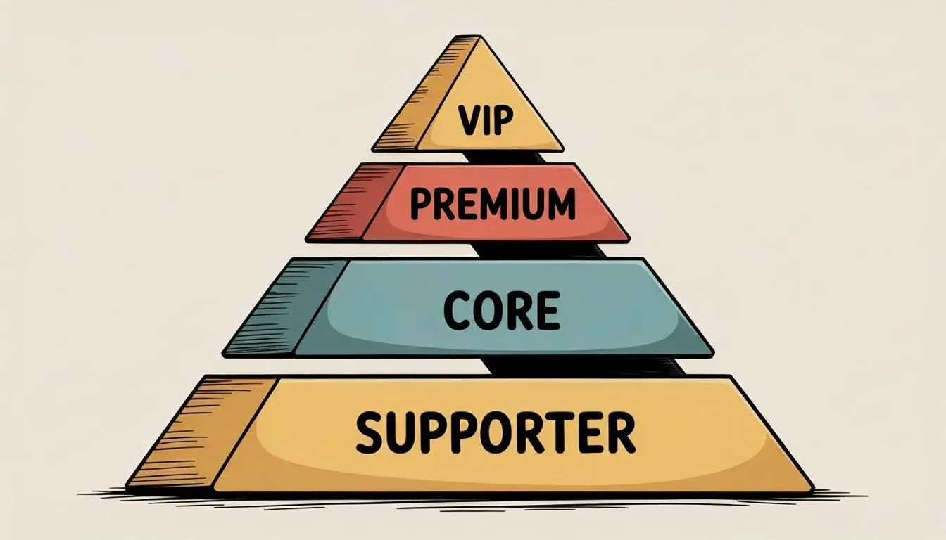 Pyramid diagram showing four membership tier levels from wide base (Supporter) to narrow top (VIP)