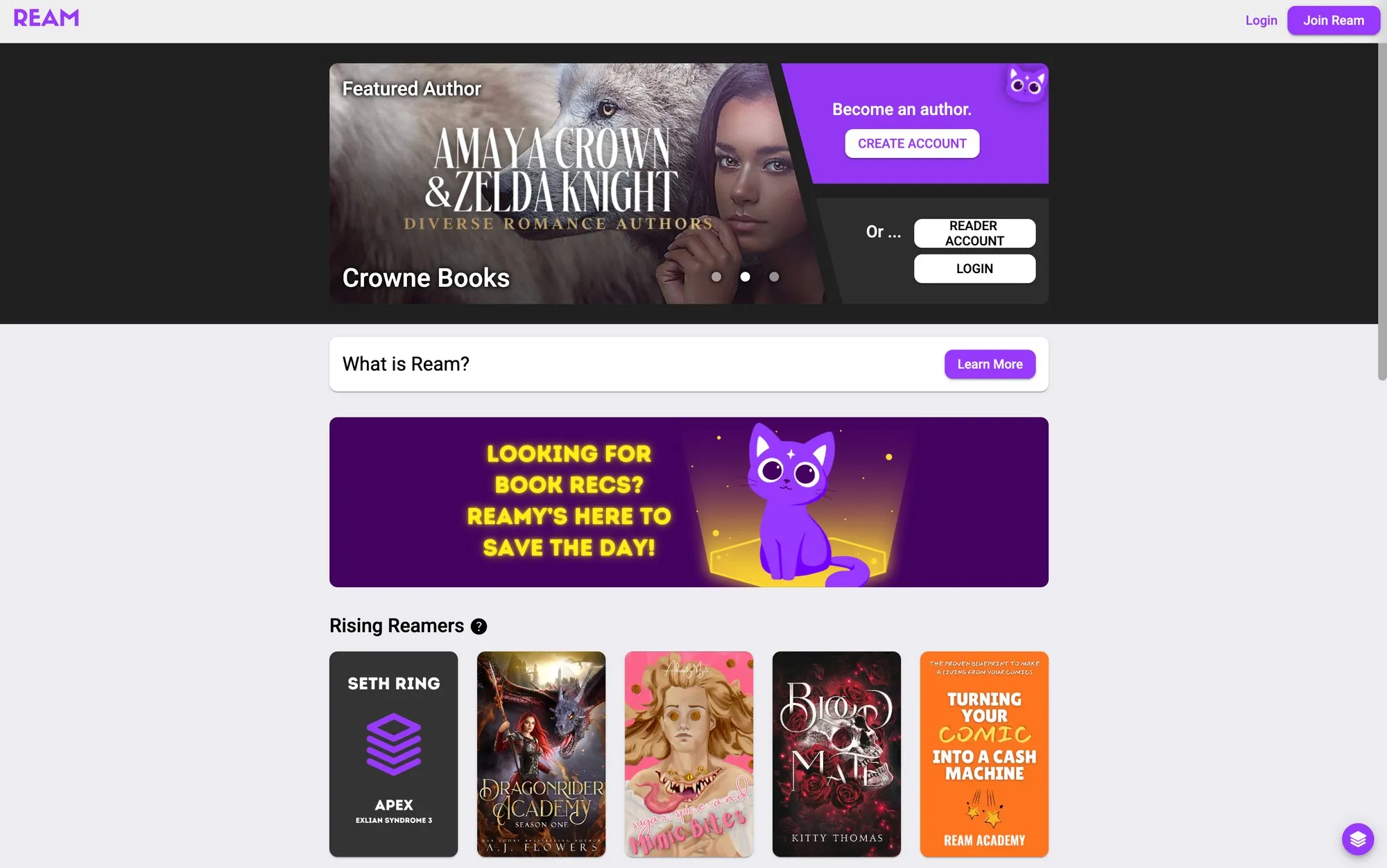 Ream platform homepage featuring diverse romance authors and book recommendations for readers