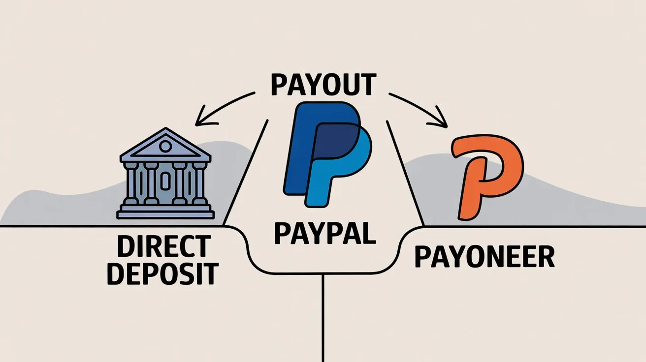 Comparison of three payout methods: Direct Deposit, PayPal, and Payoneer with their associated costs