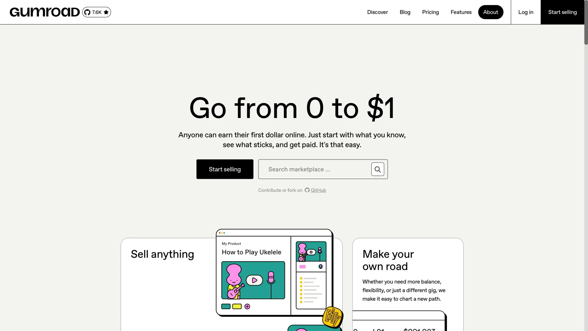 Gumroad homepage showing digital product sales platform for creators with clean storefront interface