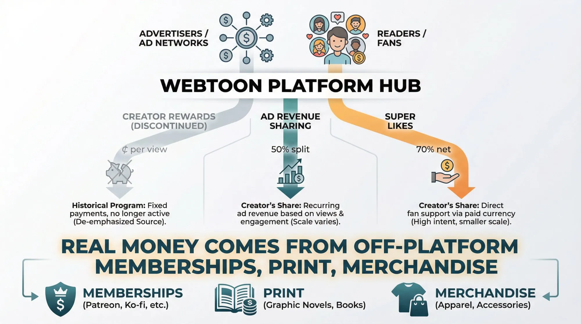 Three WEBTOON Canvas monetization pathways showing Ad Revenue Sharing, Super Likes, and Creator Rewards (discontinued), plus off-platform memberships as the primary income source