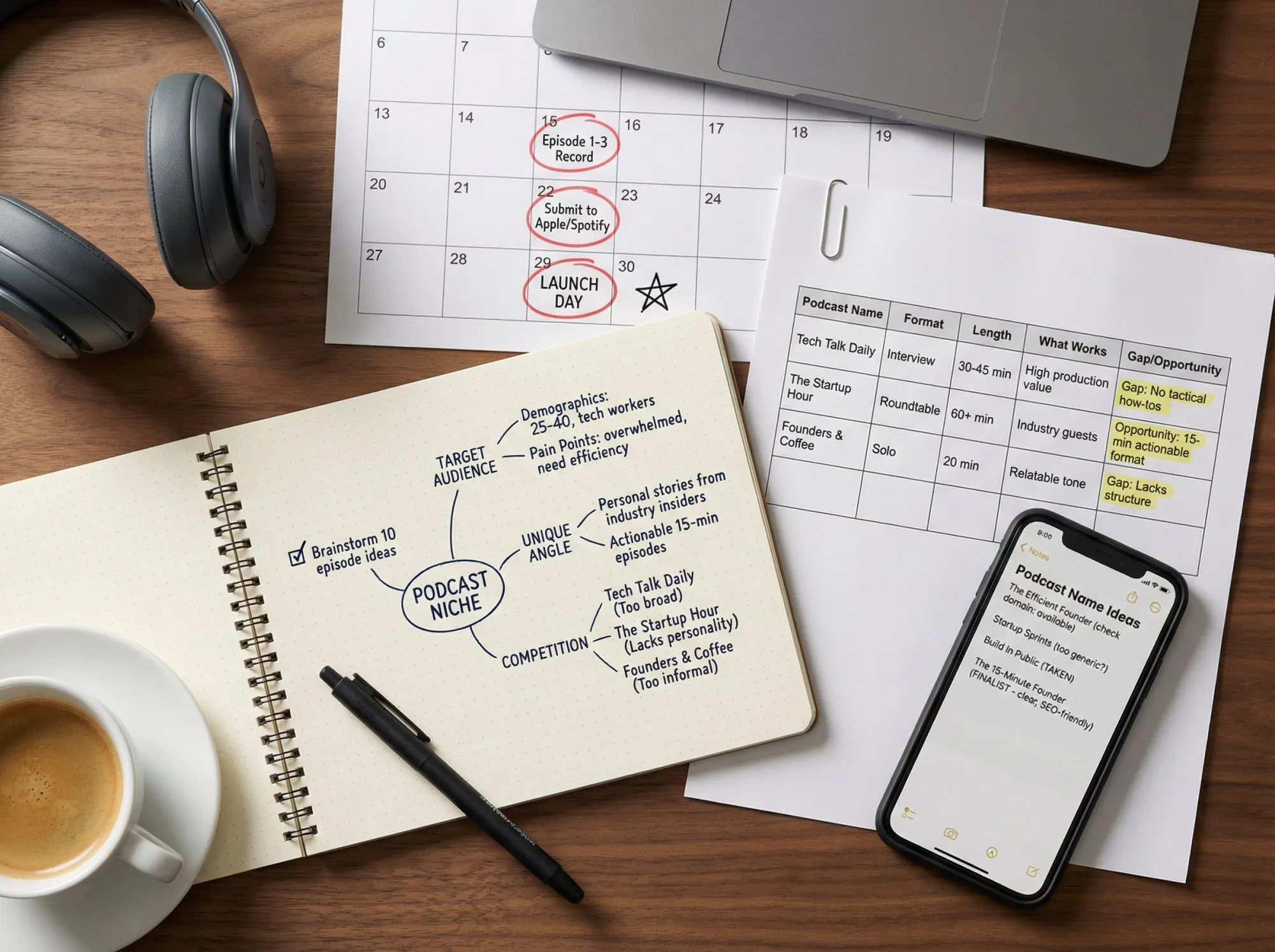 Top-down view of podcaster's planning workspace showing notebook with niche brainstorming, competitor research notes, and launch timeline