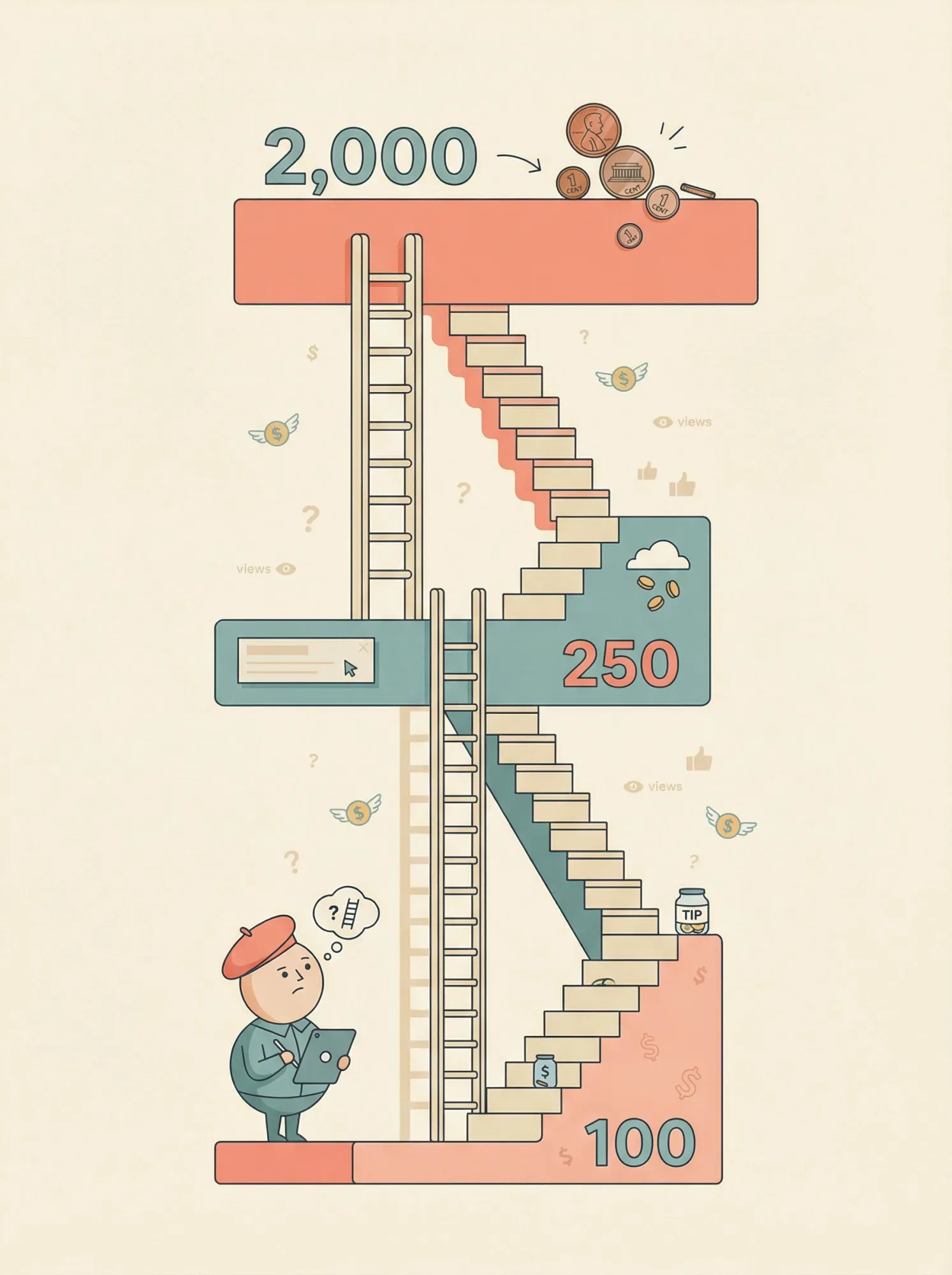 Illustration of Tapas monetization hurdles showing subscriber thresholds of 100, 250, and 2000 with tiny coins representing minimal earnings