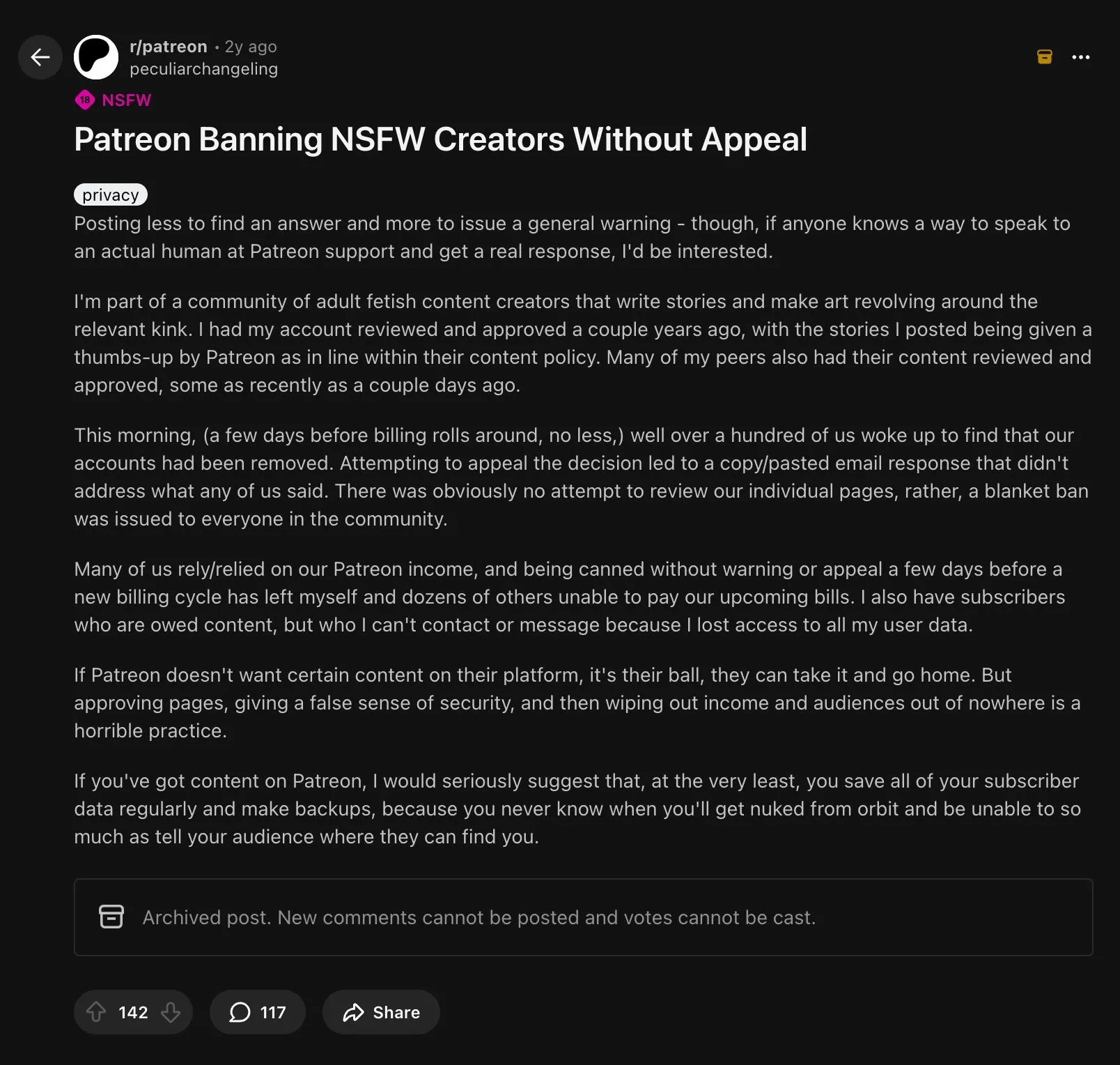 Peculiar Changeling - Reddit post - banned from Patreon