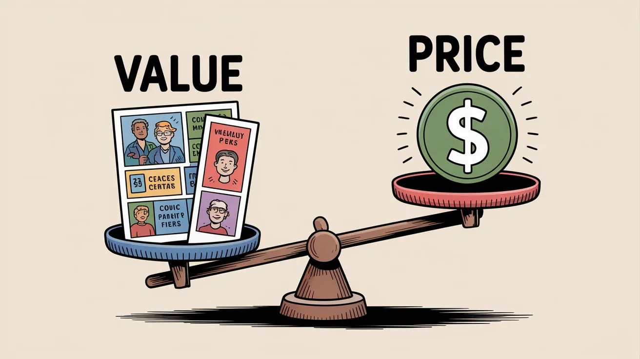 Balance scale showing value and price in equilibrium for membership tiers