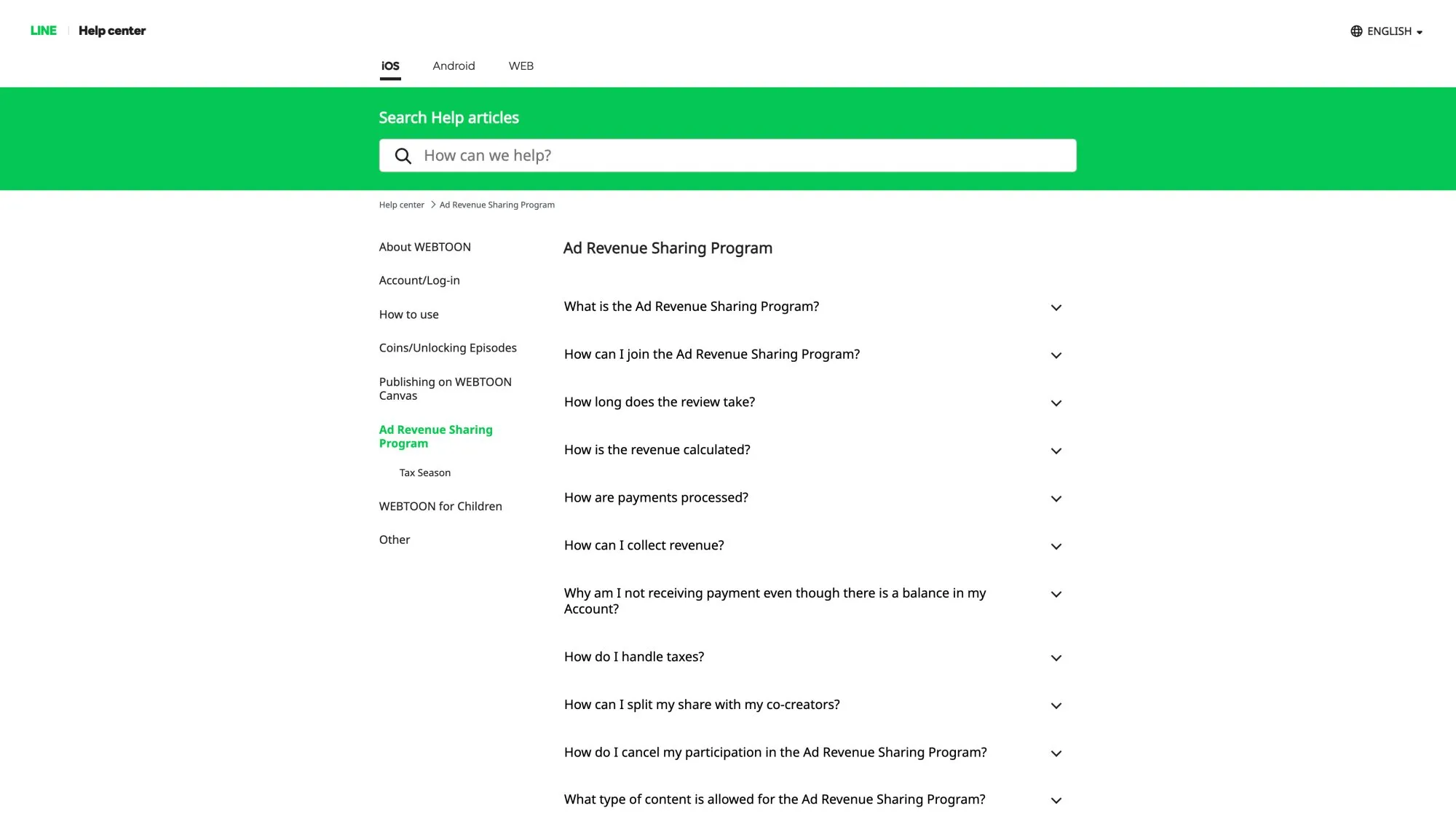 WEBTOON Canvas Ad Revenue Sharing official help page showing eligibility requirements of 1,000 subscribers and 40,000 monthly pageviews