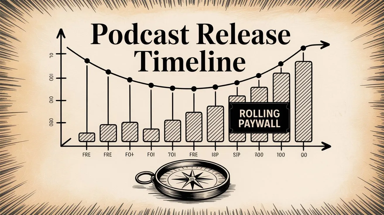 Podcast rolling paywall timeline showing release schedule from members to public