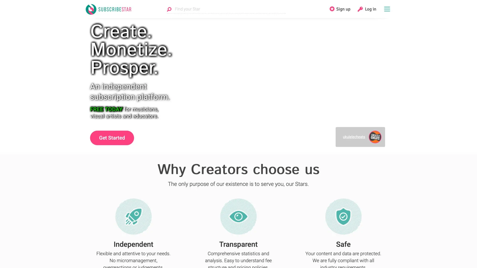 SubscribeStar homepage showing creator funding platform with permissive content policies and 5% fees
