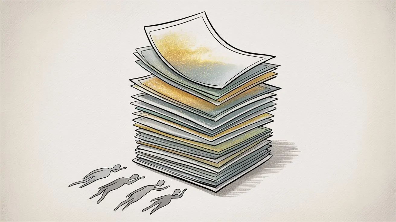 Stacked layers of documents with money representing the multiple fee layers that reduce creator income