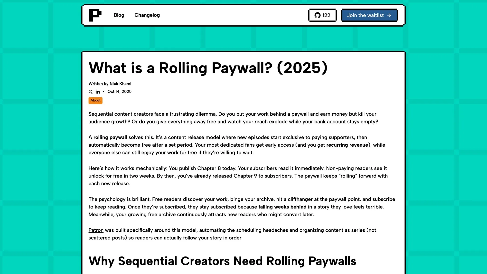 Patron's rolling paywall feature explanation showing how episodes unlock automatically after exclusivity period
