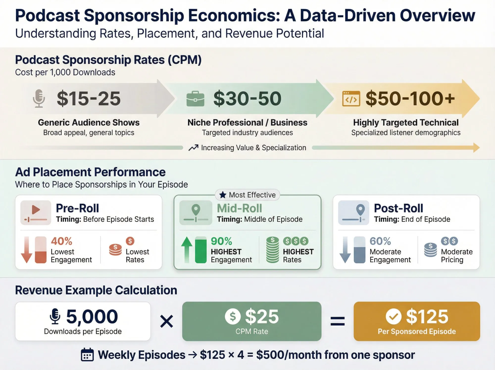 Comprehensive infographic showing podcast sponsorship CPM rates by audience type, ad placement performance comparison, and revenue calculation example