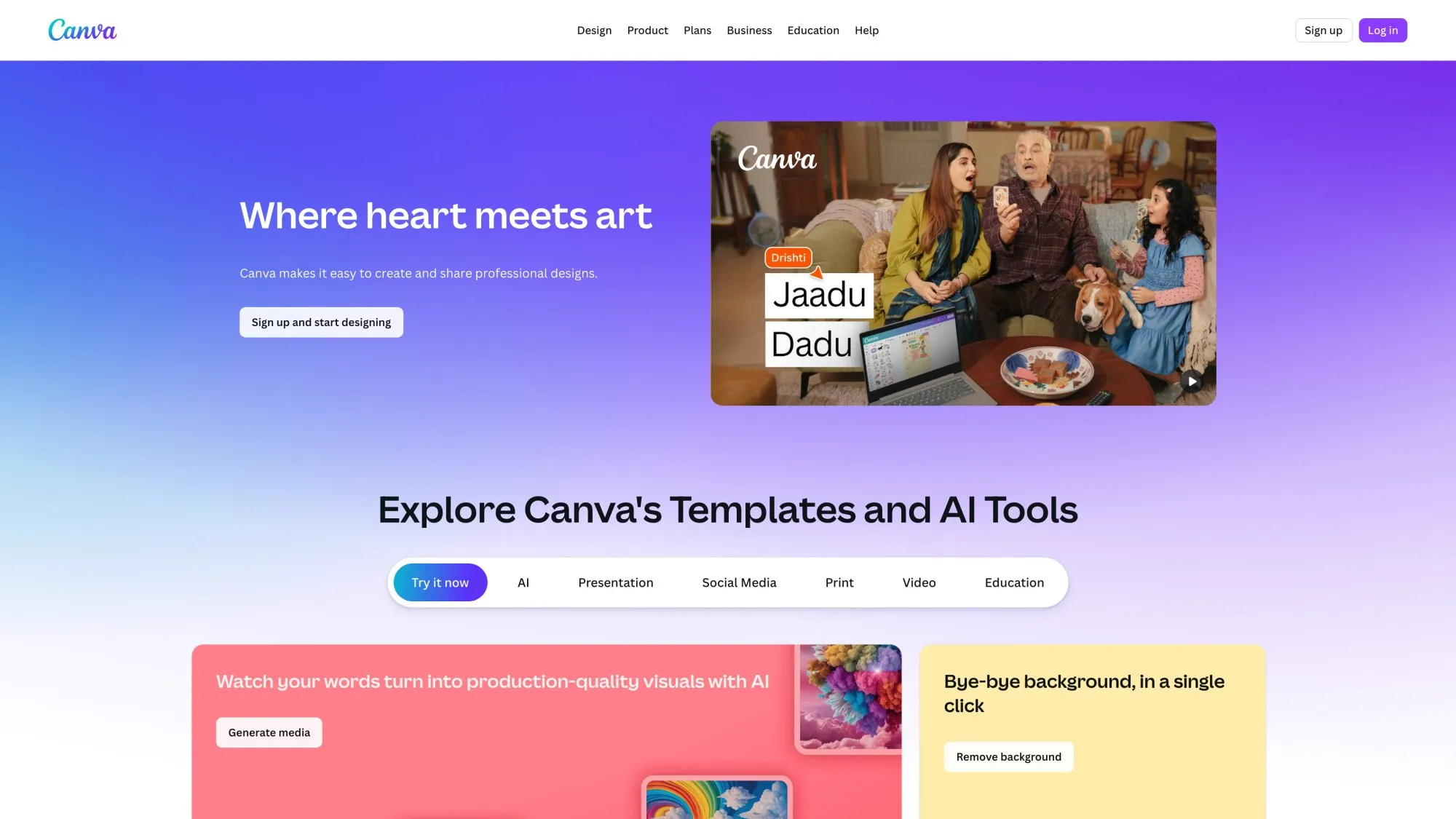 Canva homepage showing free design platform with beginner-friendly templates for thumbnails and social graphics
