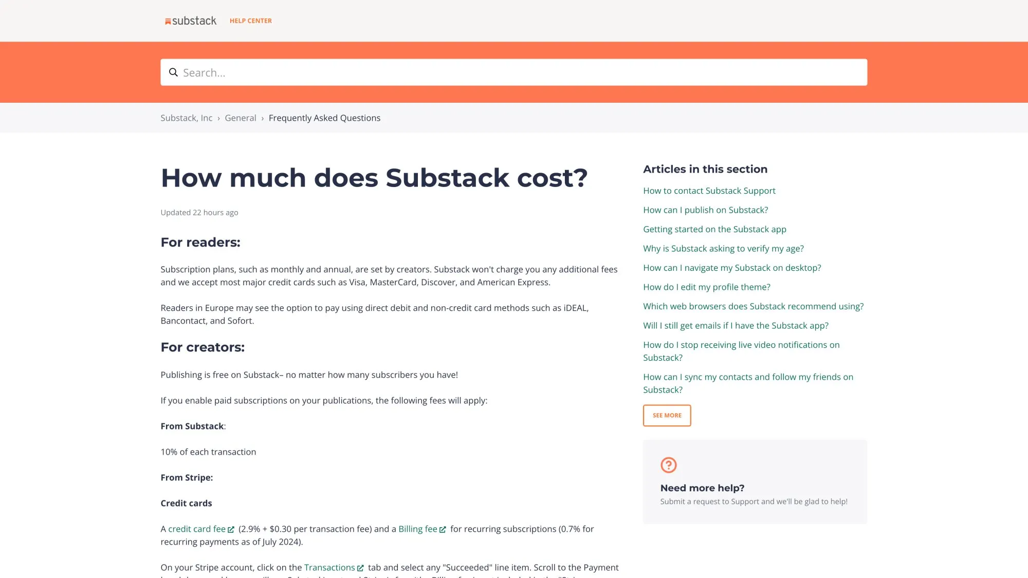 Substack's official pricing documentation showing 10% platform fee structure plus Stripe payment processing costs