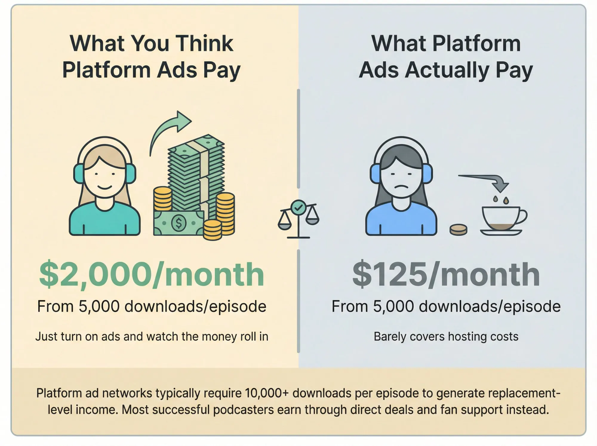 Side-by-side comparison showing platform podcast ad revenue expectations versus actual earnings at different listener scales