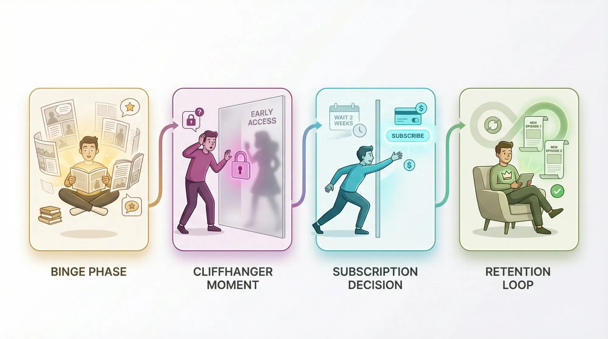 Four-phase reader journey showing how rolling paywalls convert free readers to paying subscribers through binge, cliffhanger, decision, and retention stages