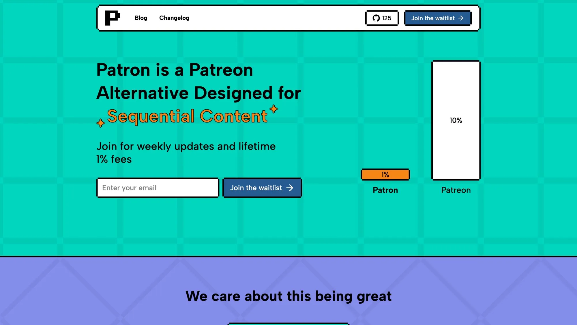 Patron.com homepage showcasing rolling paywall platform for sequential content creators with 1% fee pricing
