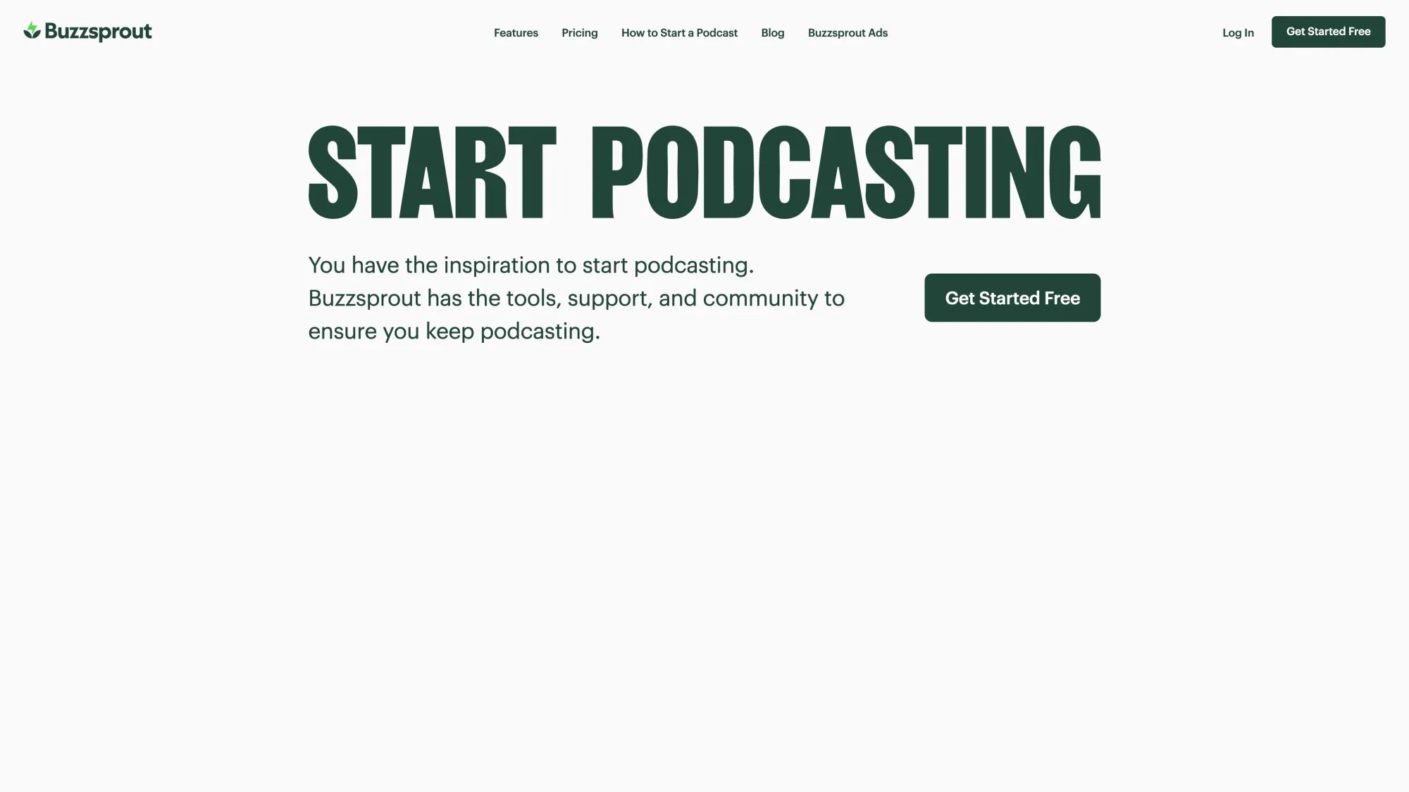 Buzzsprout podcast hosting platform homepage showing pricing and features