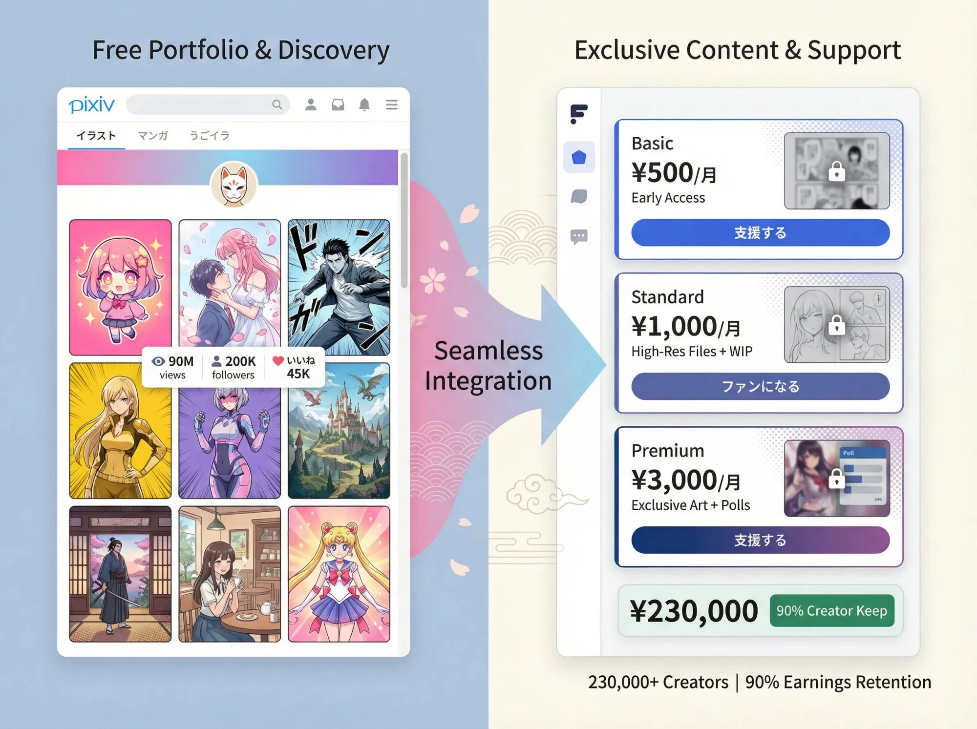Pixiv FANBOX ecosystem showing integration between free Pixiv portfolio and paid FANBOX tiers for anime artists
