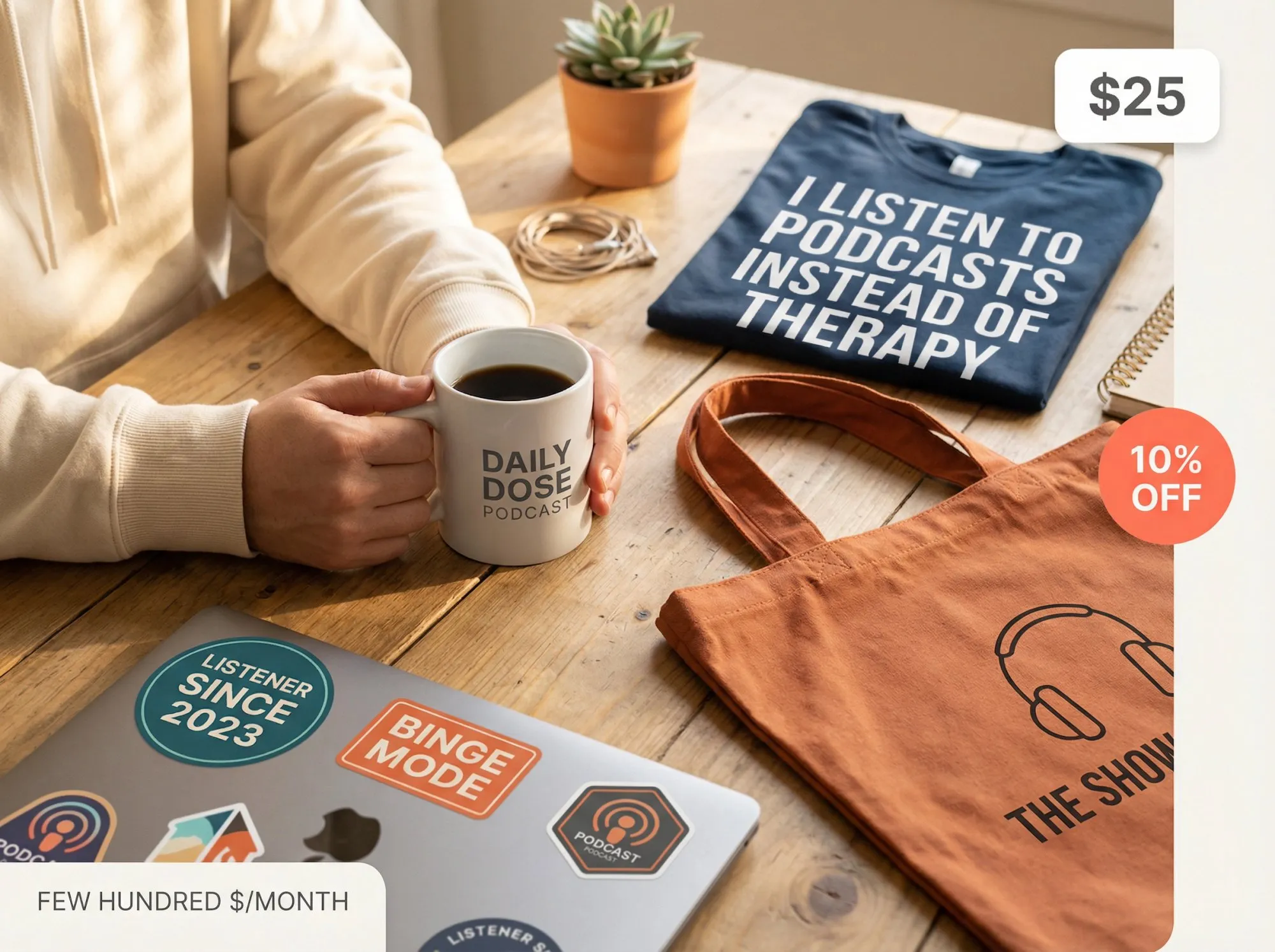 Lifestyle showcase of diverse podcast merchandise including worn hoodies, branded mugs, stickers, and tote bags with pricing labels
