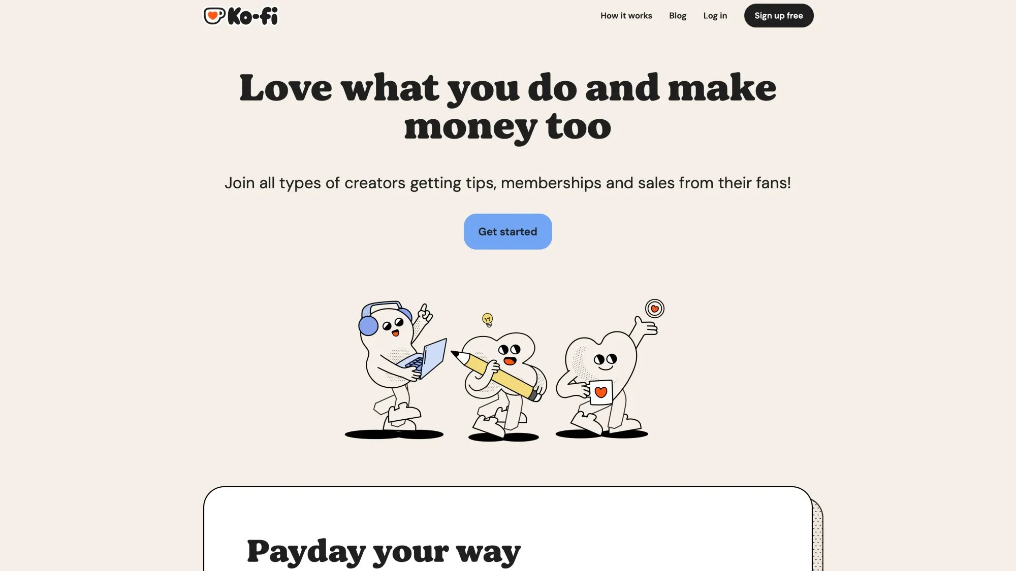 Screenshot of Ko-fi homepage showing the creator support platform with tip jar and membership features