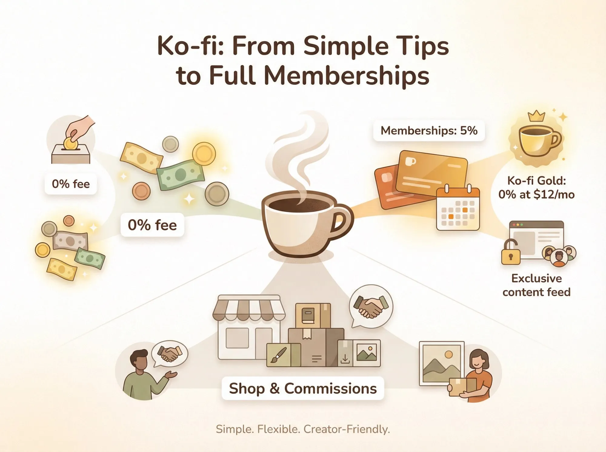 Editorial illustration showing Ko-fi's evolution from tip jar to versatile creator platform with multiple revenue streams