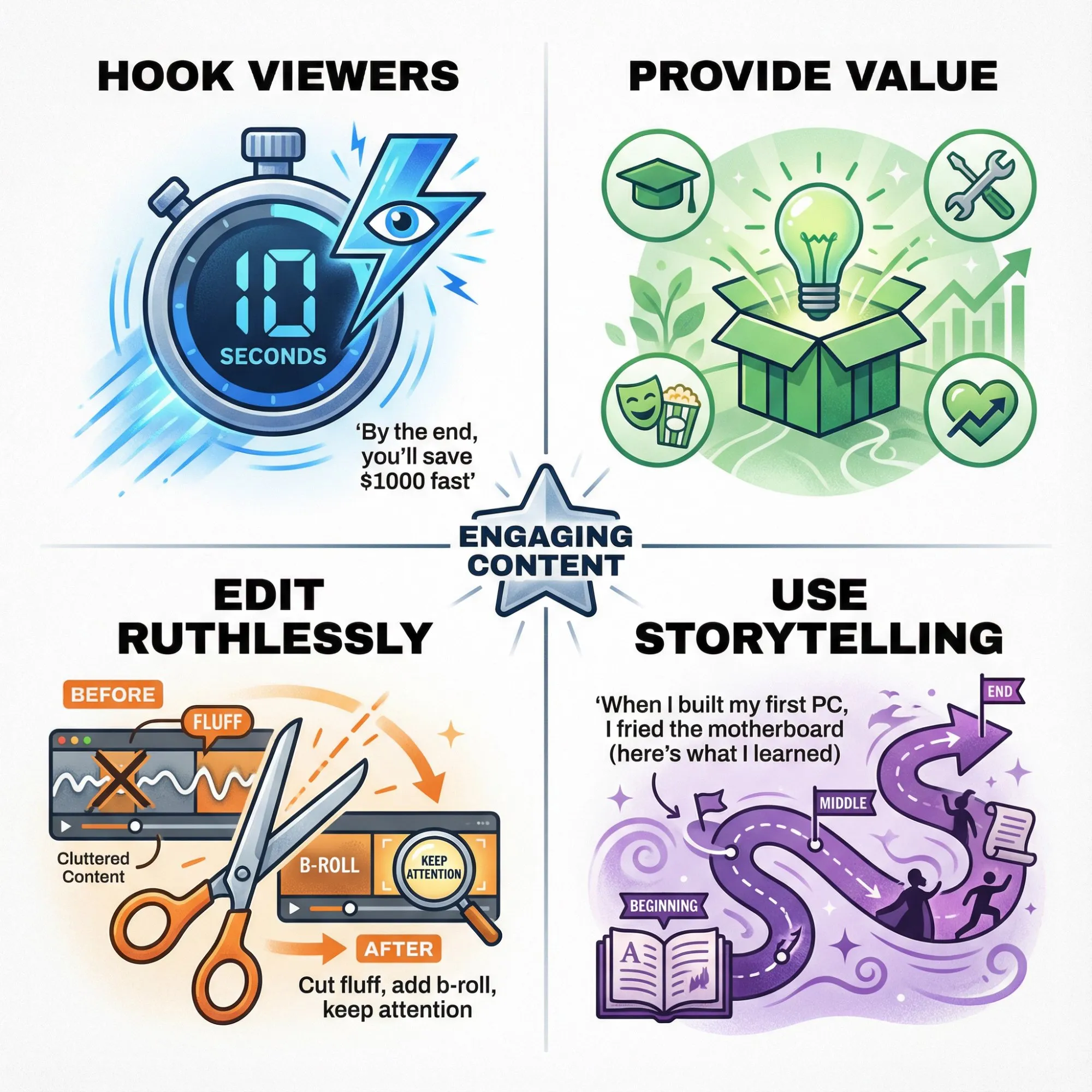 Illustrated breakdown of key elements that make content engaging: strong hooks, value delivery, editing, and storytelling