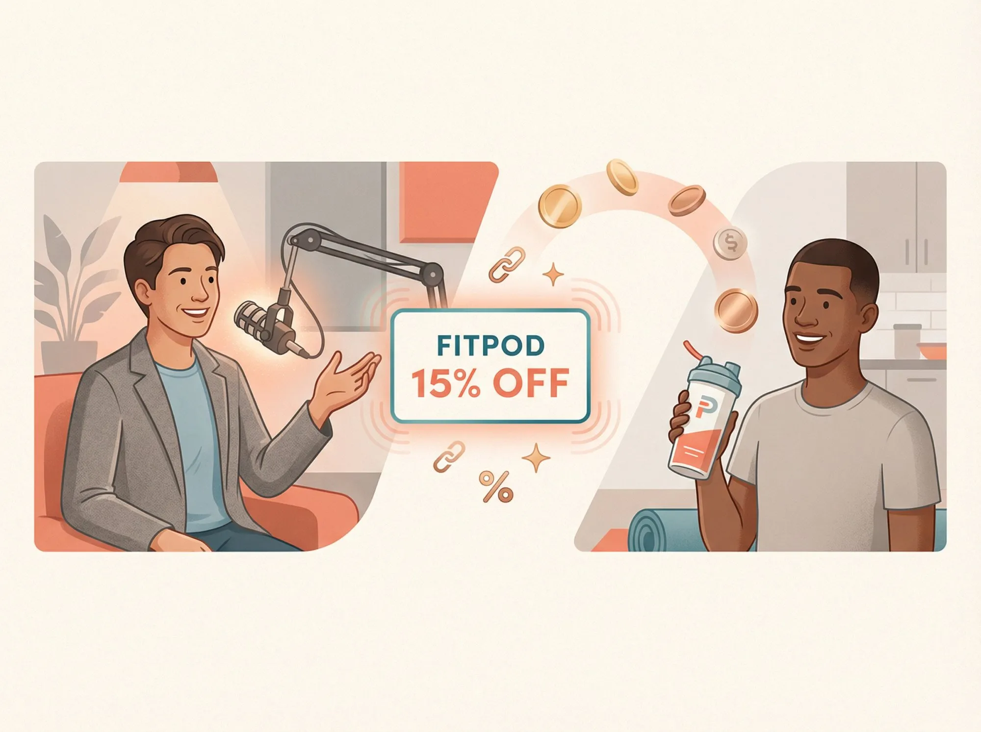 Editorial illustration showing podcaster-listener-brand affiliate marketing relationship with discount code and commission flow