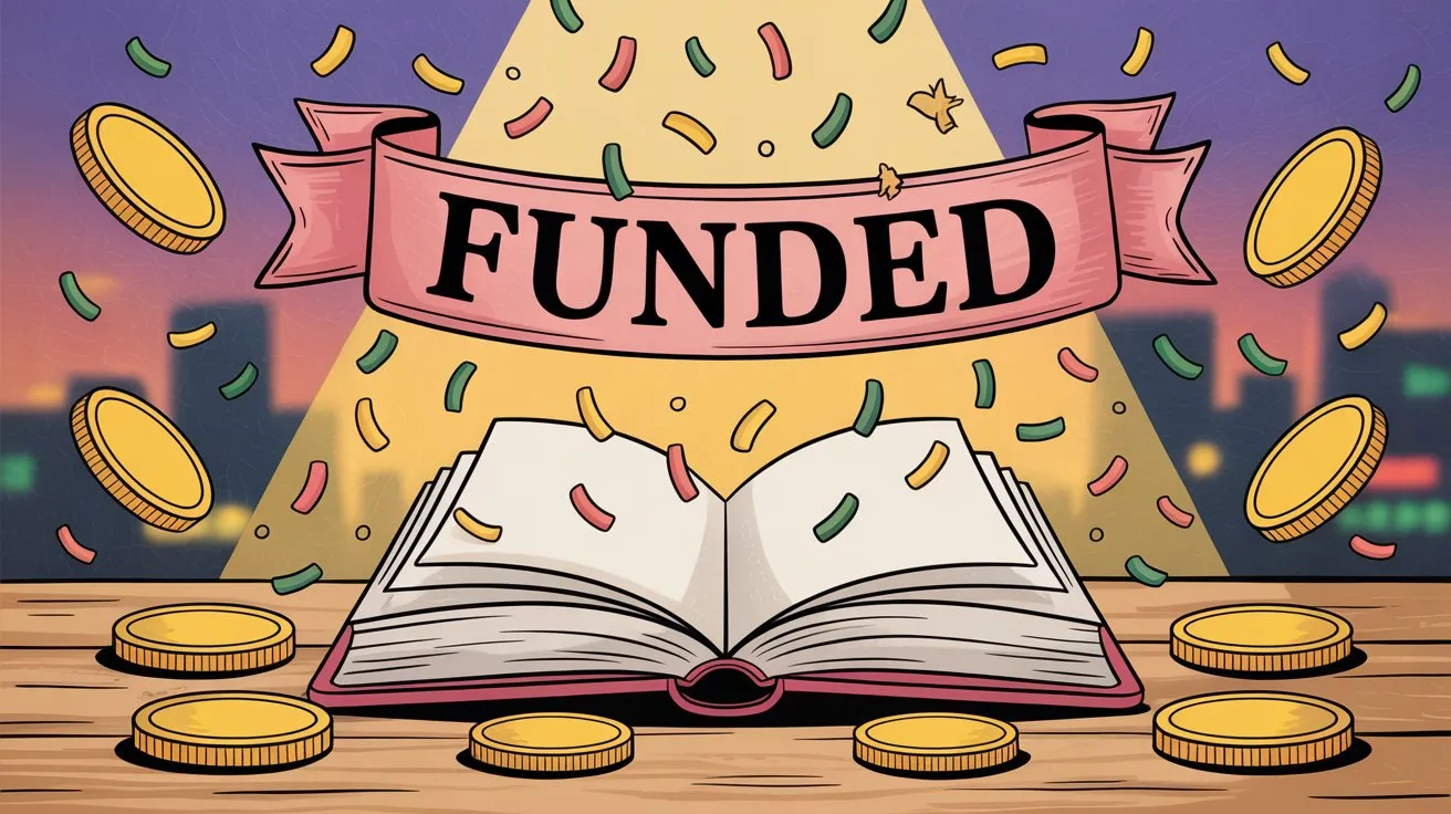 Hand-drawn editorial illustration depicting crowdfunding campaign success for webcomic book publishing projects