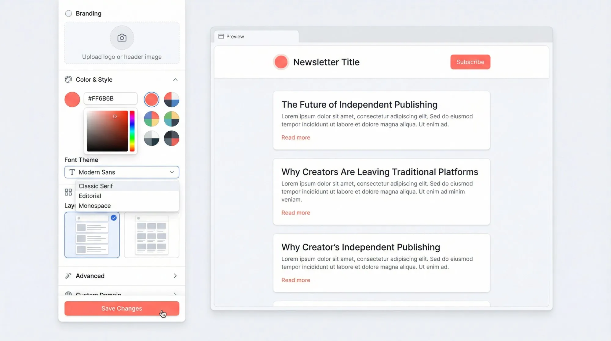 Newsletter platform customization dashboard showing logo upload, color picker, font selection, and layout preview panels