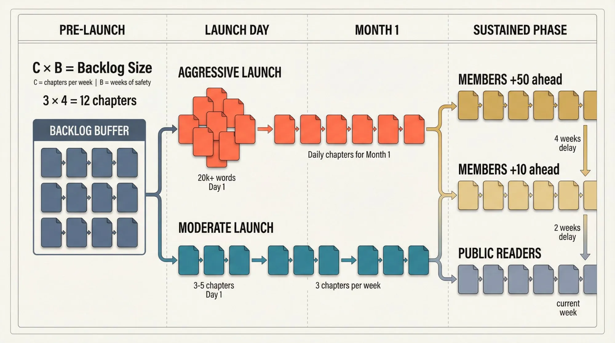 Strategic timeline diagram showing web serial backlog buffer zones, chapter flow from pre-written backlog through public posting to member-only tiers