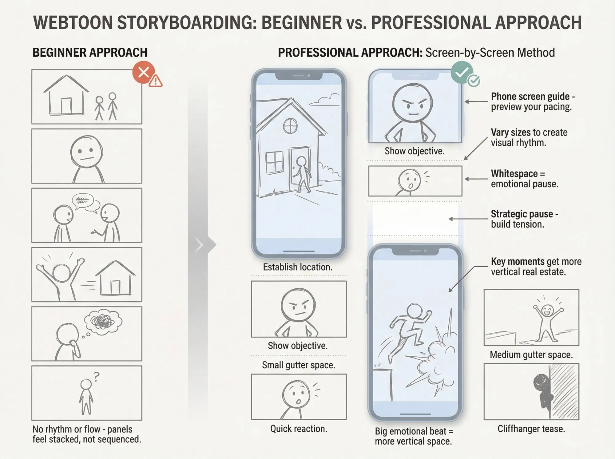 Webtoon storyboard comparison showing beginner flat stacking vs professional screen-by-screen pacing with phone overlays