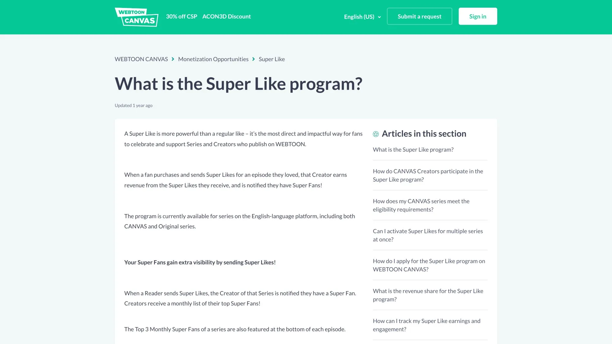 WEBTOON Canvas Super Likes program official Zendesk support page documenting creator revenue share and payment details