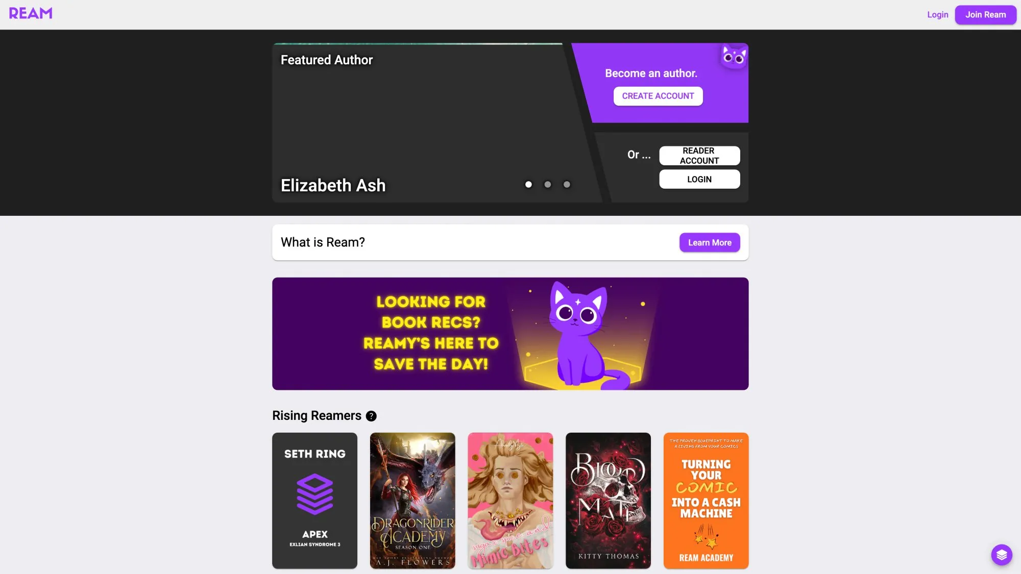 Screenshot of Ream homepage showing the serial fiction platform designed for storytellers