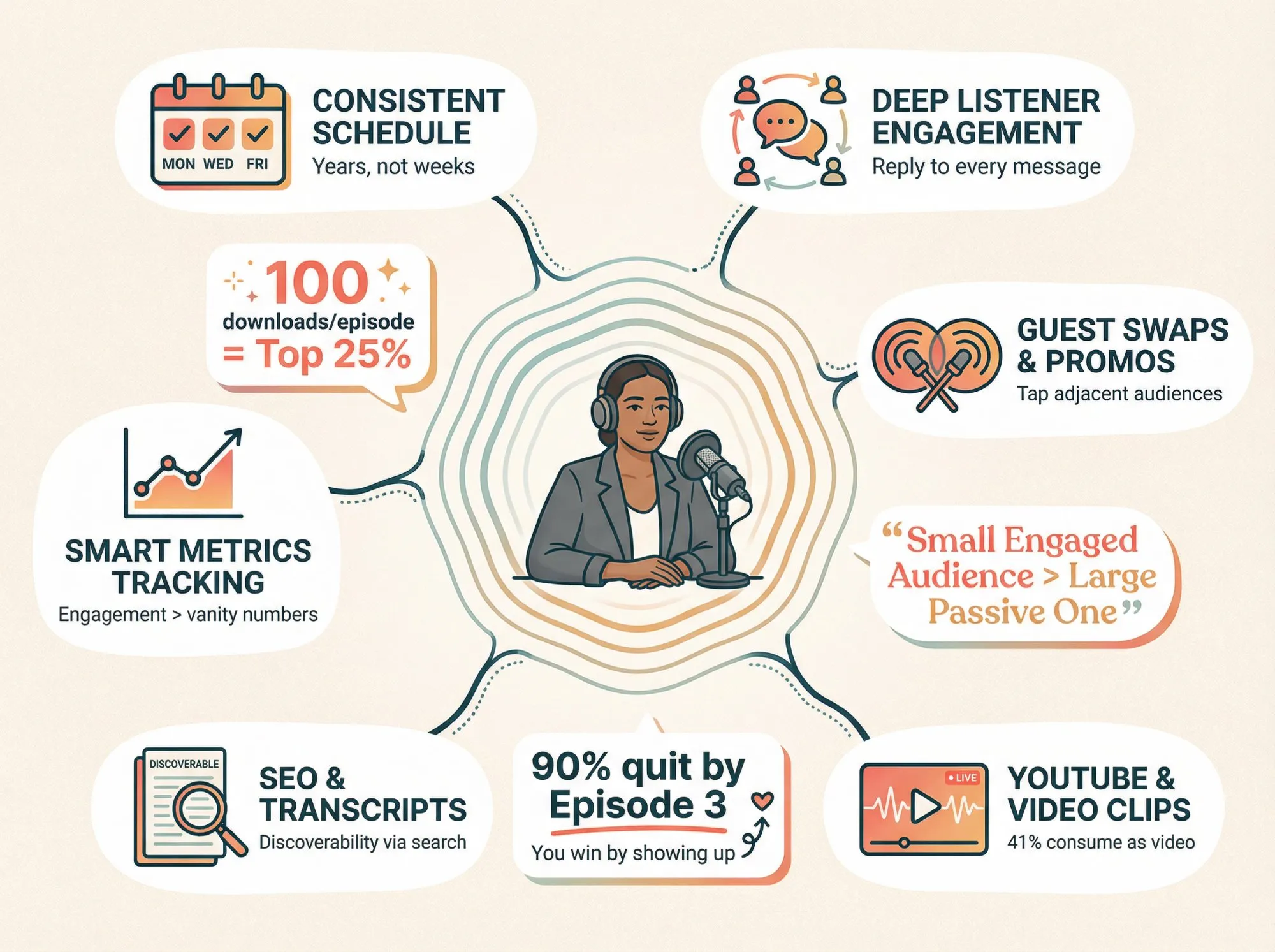 Sustainable podcast growth ecosystem showing multiple channels and realistic expectations