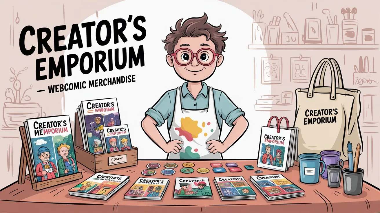 Editorial illustration showing webcomic merchandise variety including prints, stickers, apparel, and creator shop display
