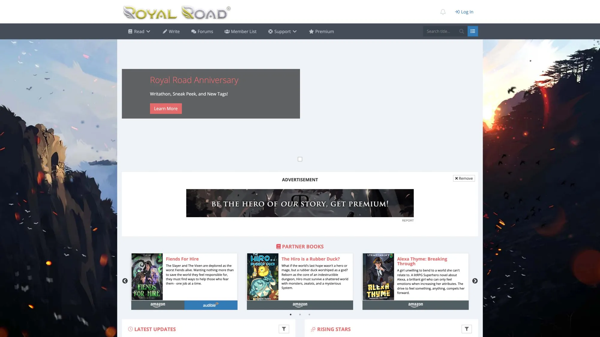 Royal Road homepage showing fiction discovery platform with trending stories and genre categories for web serial authors