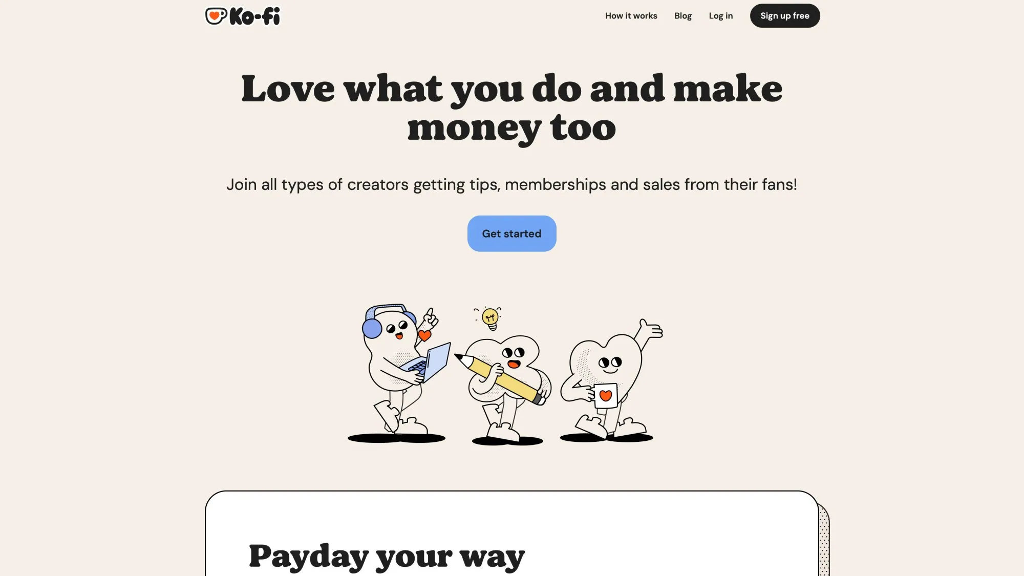 Ko-fi homepage showing flexible creator monetization with donations, memberships, and digital shop features
