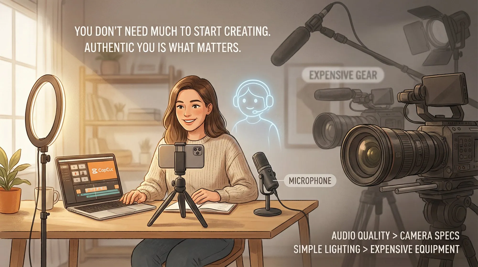 A content creator at a home desk with affordable startup equipment: smartphone on tripod, USB microphone, ring light, and laptop with editing software visible
