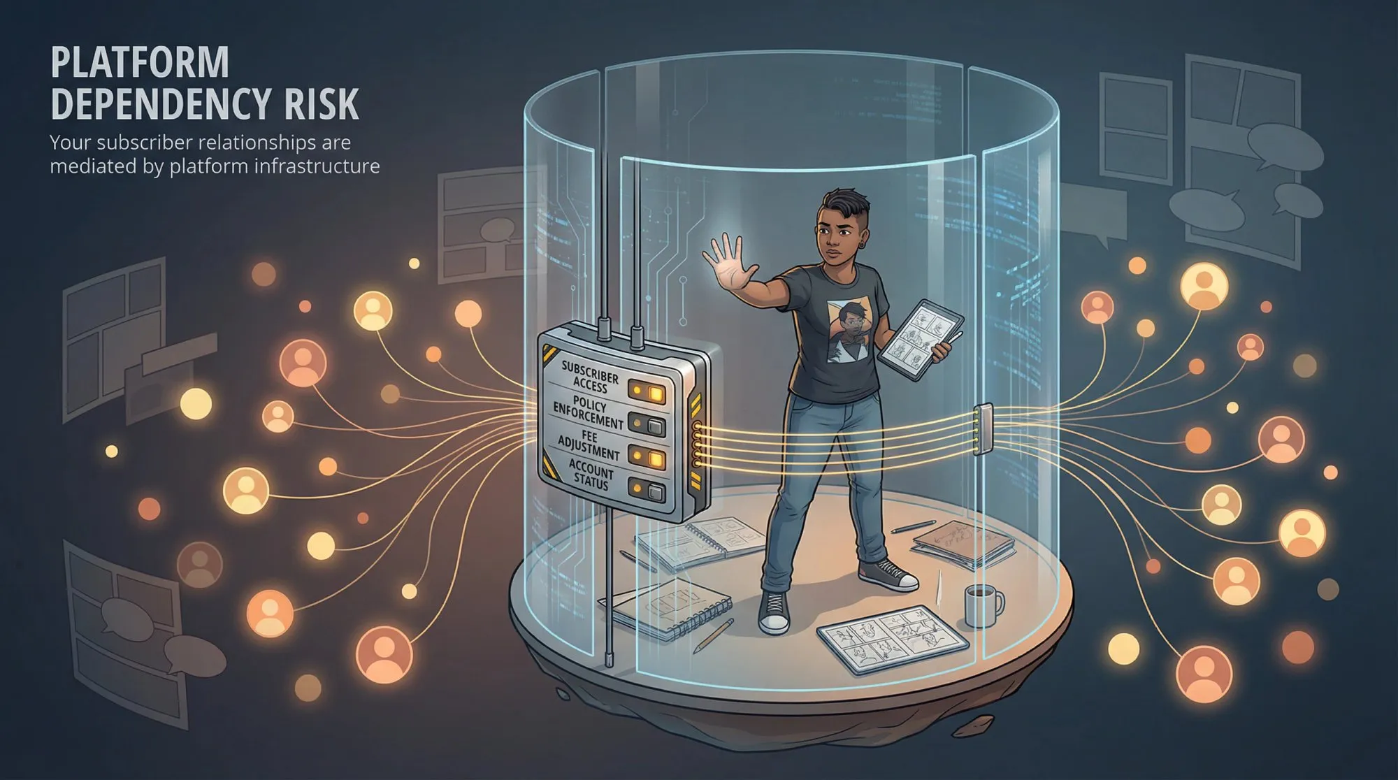 Editorial illustration showing creator trapped behind platform walls with subscriber connections controlled by external system