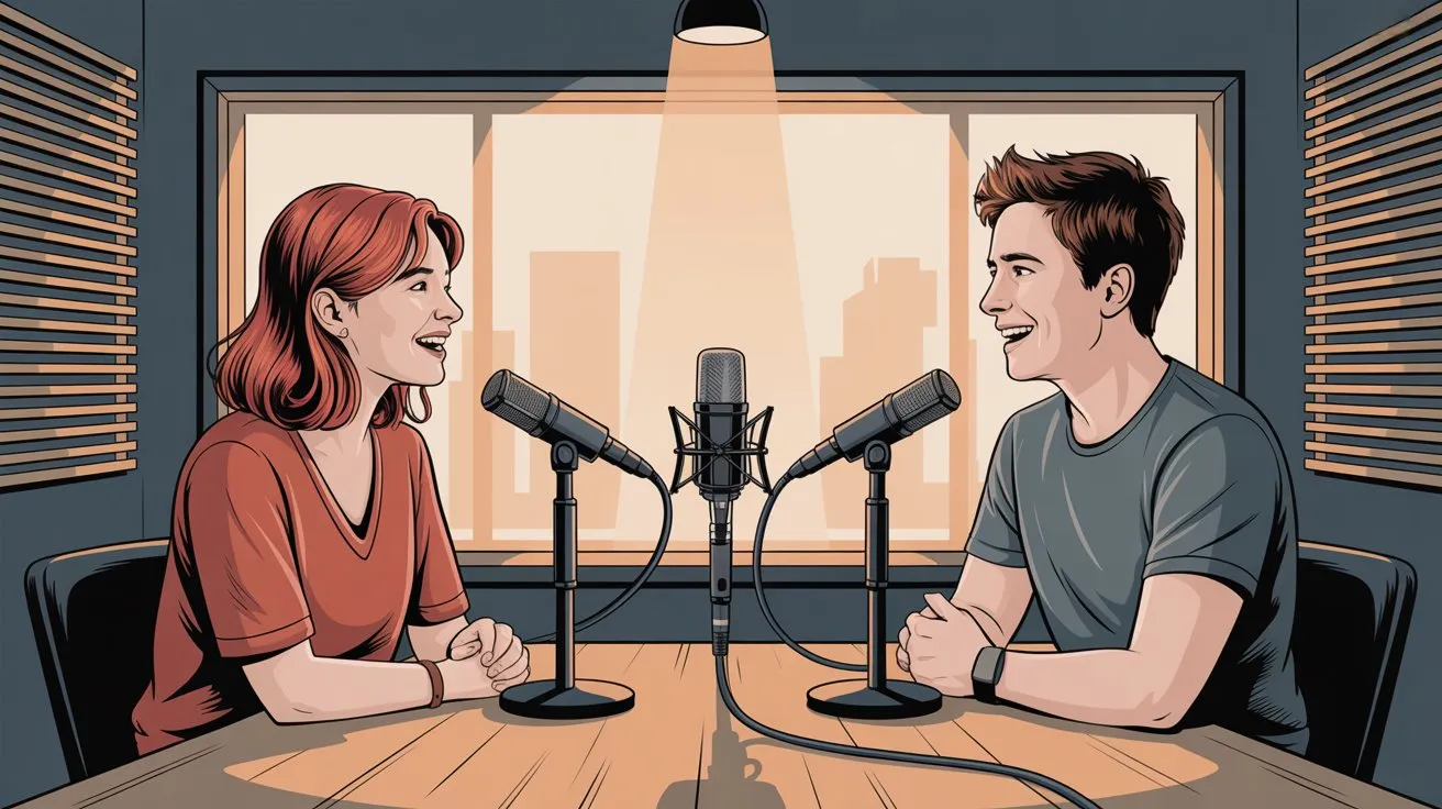 Professional podcast recording setup with two hosts representing successful large-scale creator business