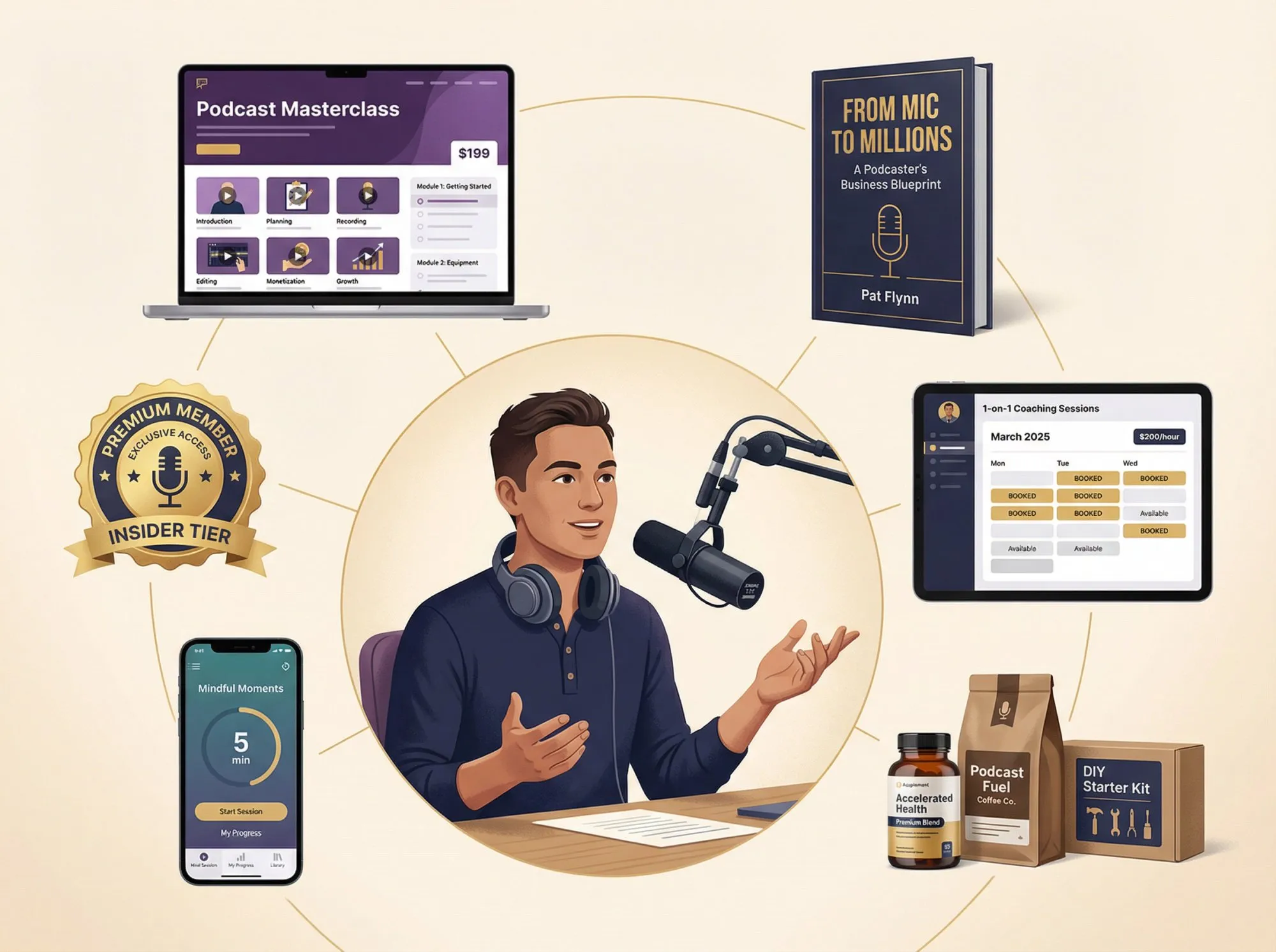 Editorial illustration of a podcaster surrounded by diverse revenue-generating products including online courses, books, coaching services, and physical merchandise