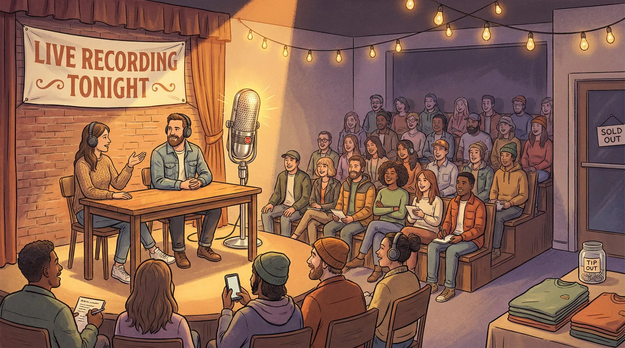 Warm illustration of intimate live podcast recording with engaged audience in cozy venue