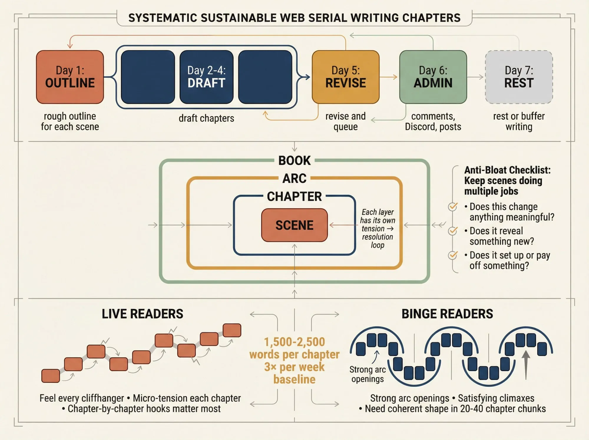 Visual diagram showing a weekly web serial writing workflow with nested scene architecture and dual reader experience paths